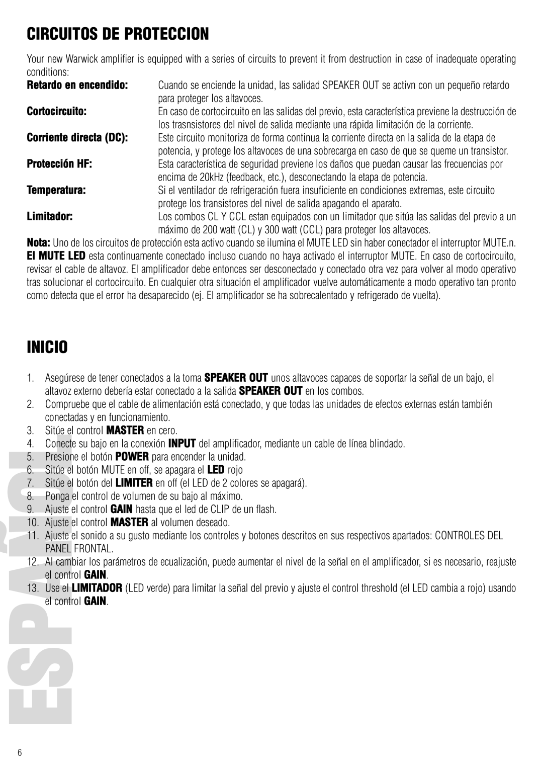 Warwick CL / CCL owner manual Circuitos DE Proteccion, Inicio 