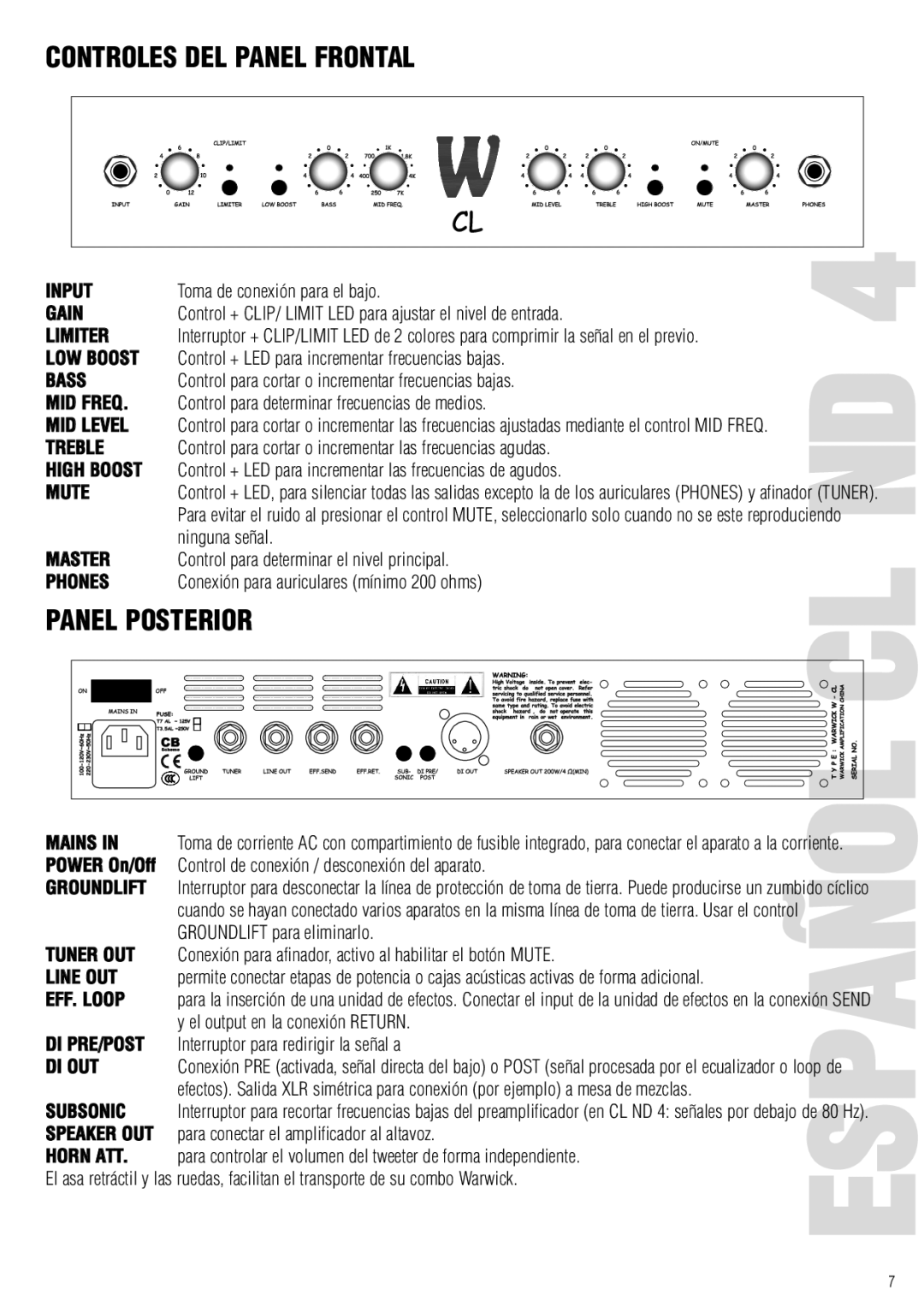 Warwick CL / CCL owner manual Controles DEL Panel Frontal, Panel Posterior 