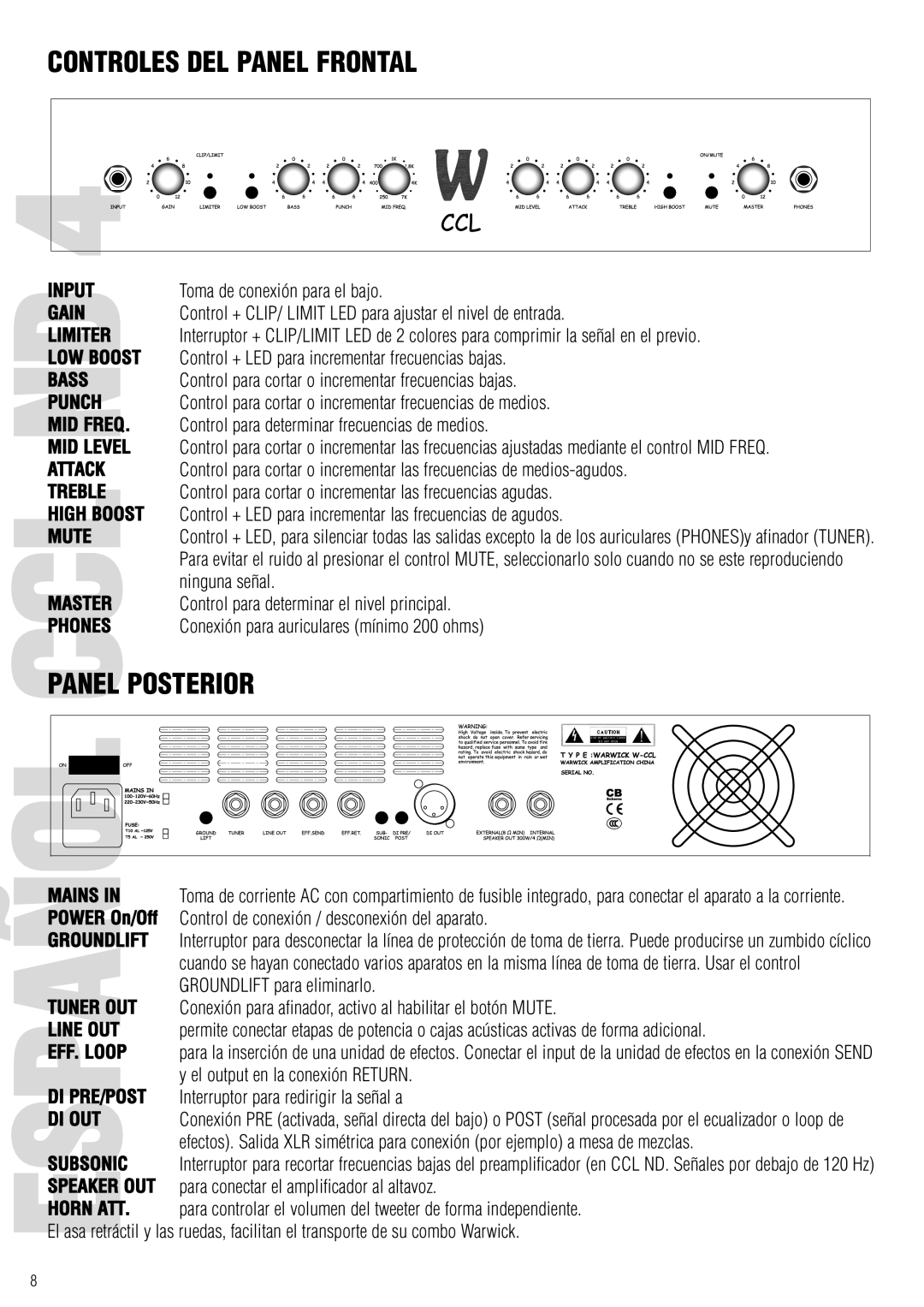 Warwick CL / CCL owner manual Cclpanel Posterior, Control de conexión / desconexión del aparato 