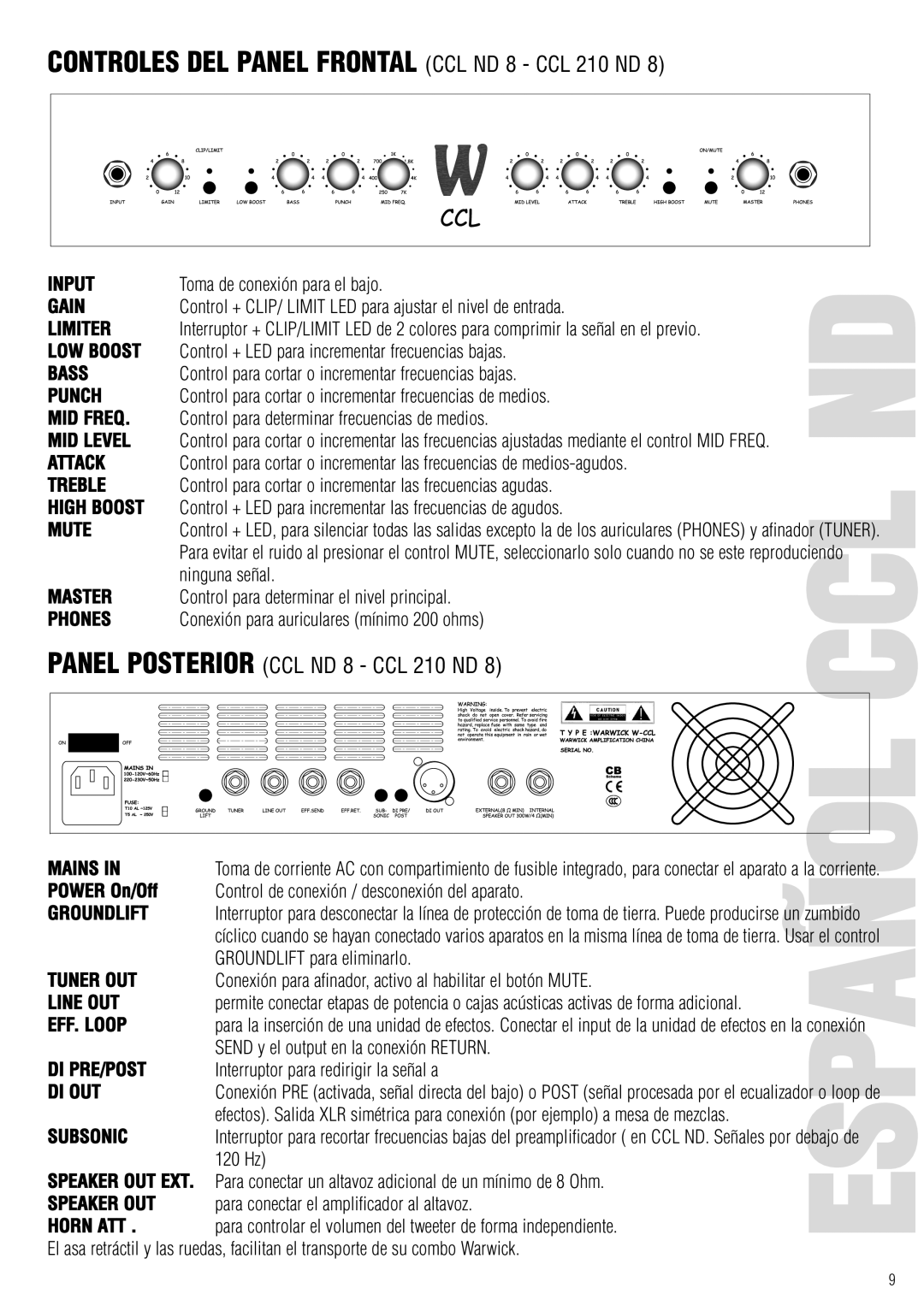 Warwick CL / CCL owner manual Ccl, Controles DEL Panel Frontal CCL ND 8 CCL 210 ND 