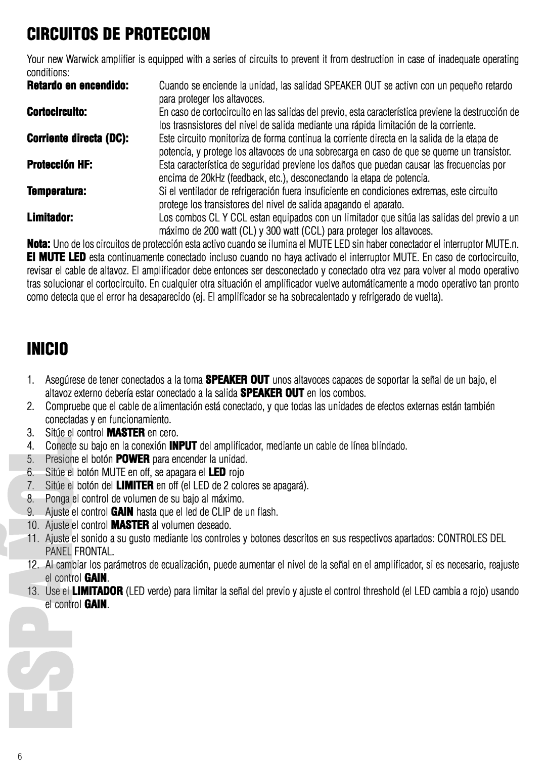 Warwick CL / CCL owner manual Circuitos De Proteccion, Inicio, Español 