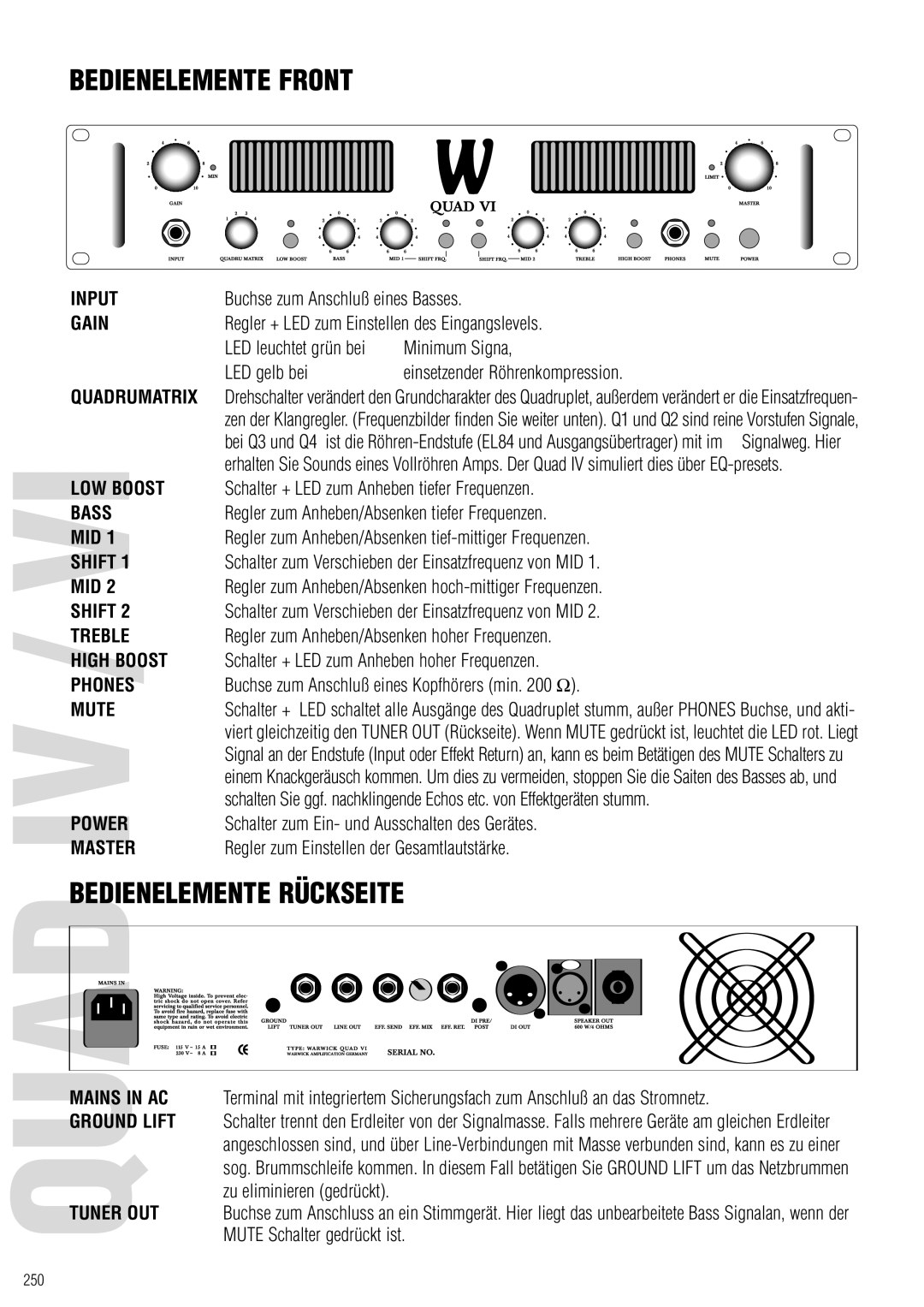 Warwick Quad IV owner manual Bedienelemente Front, Bedienelemente Rückseite 