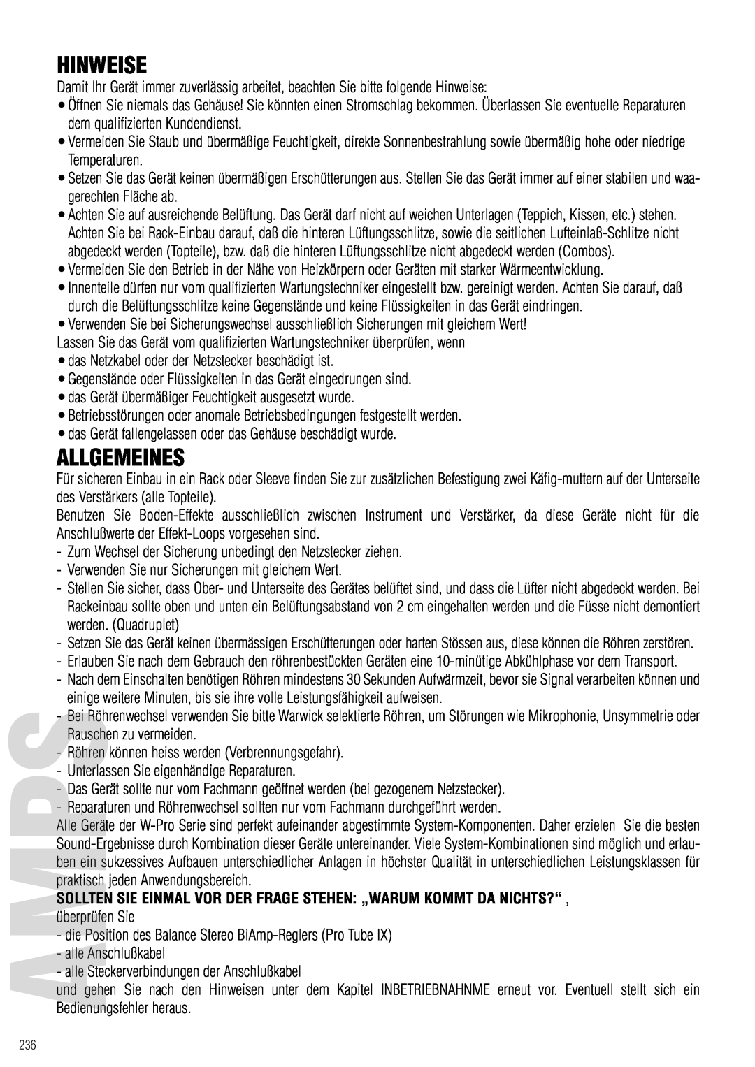 Warwick Quad IV owner manual Hinweise, Allgemeines 