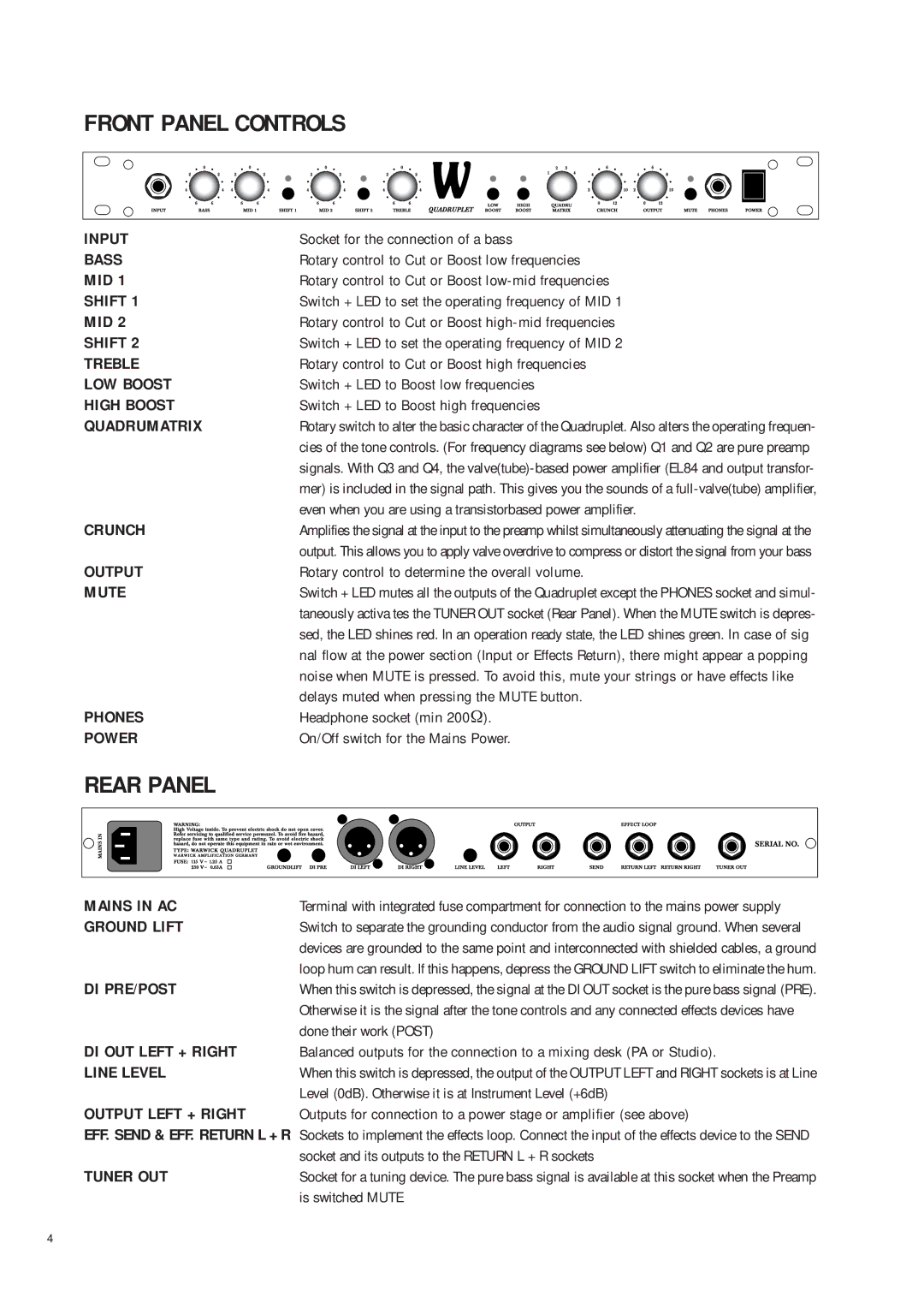 Warwick Quadruplet owner manual Front Panel Controls, Rear Panel 