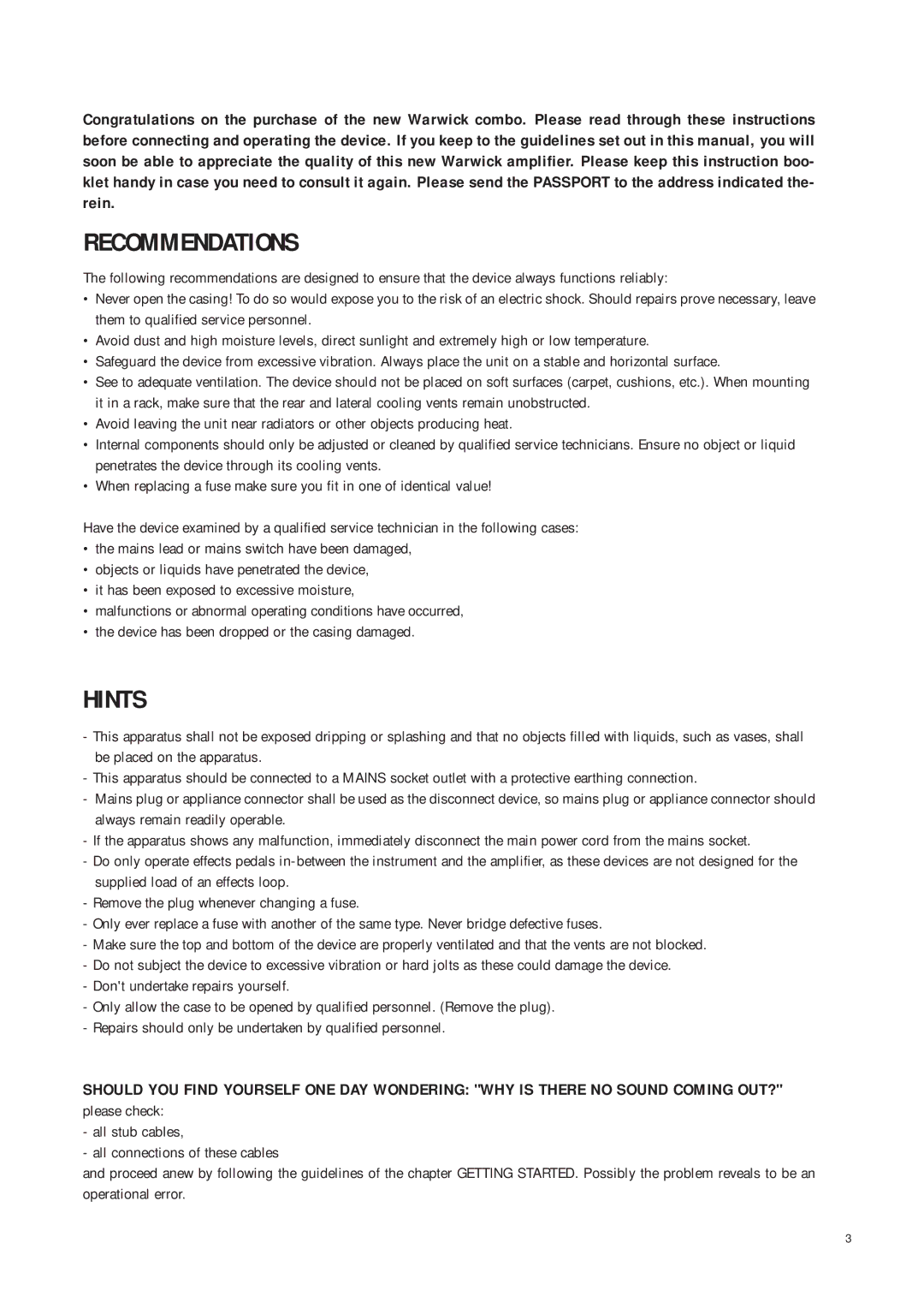 Warwick SUB III owner manual Recommendations, Hints 