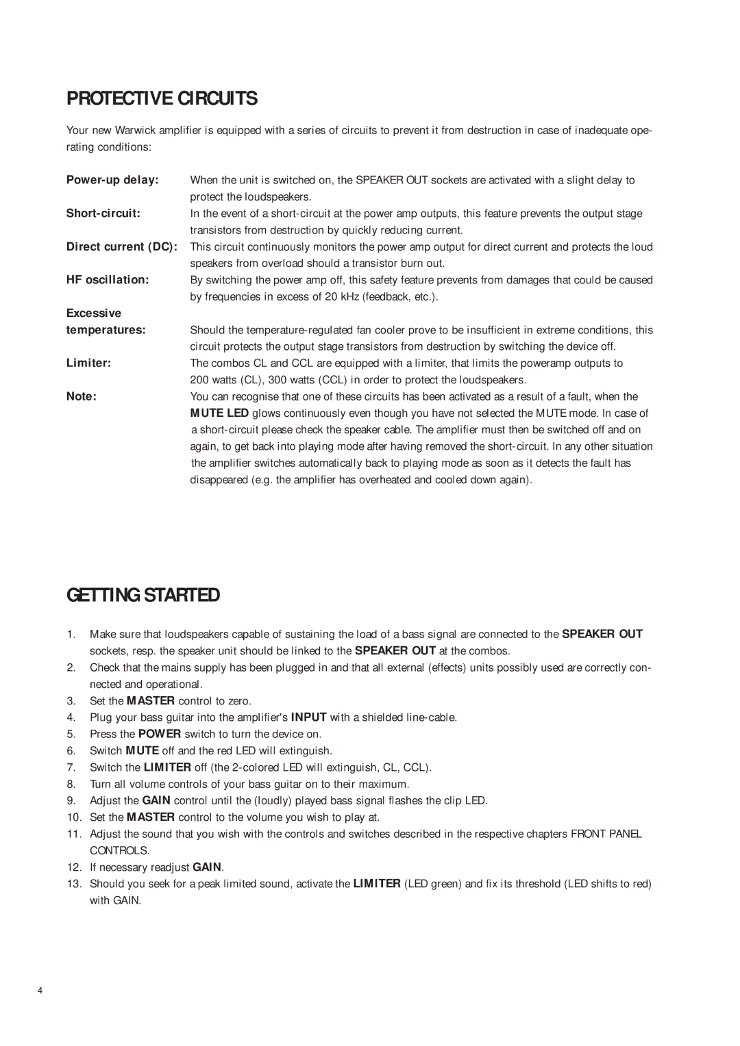 Warwick SUB III owner manual Protective Circuits, Getting Started, Excessive 