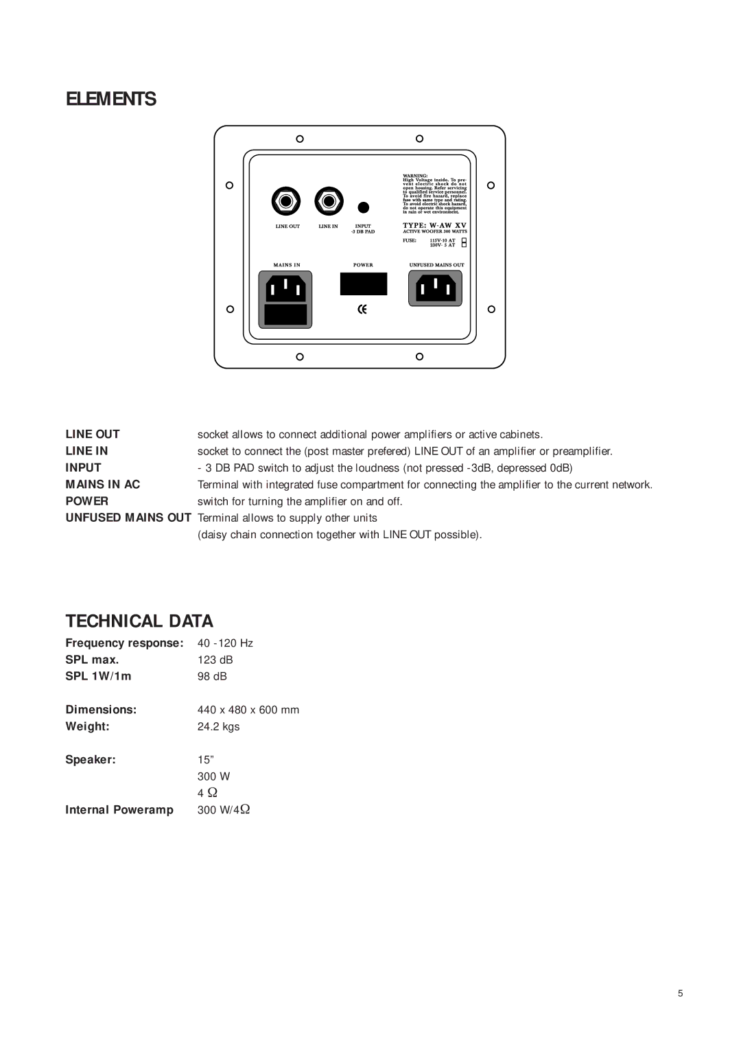 Warwick SUB III owner manual Elements, Technical Data 