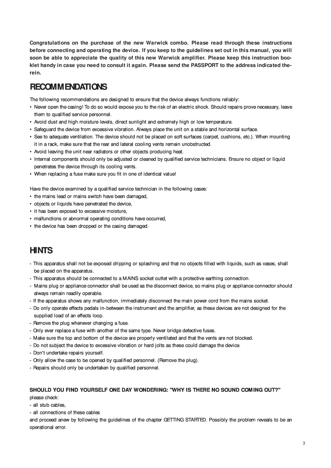 Warwick SUB III owner manual Recommendations, Hints 