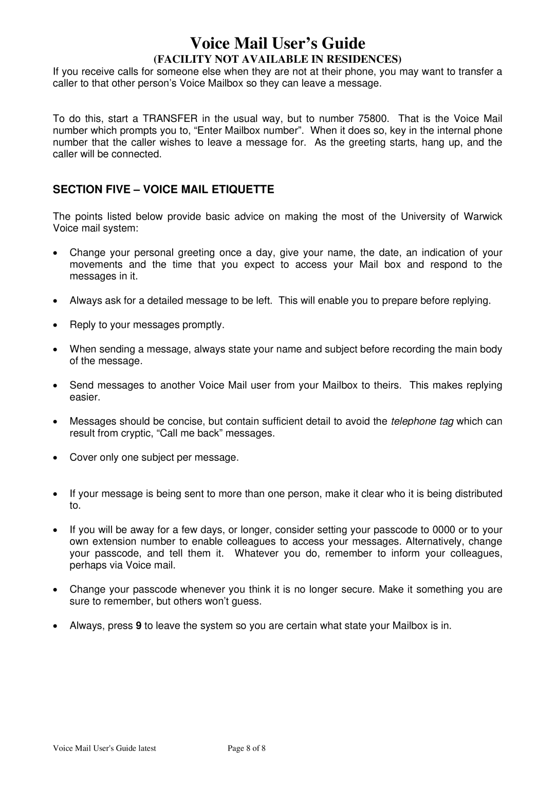 Warwick Voice Mail System manual Section Five Voice Mail Etiquette 