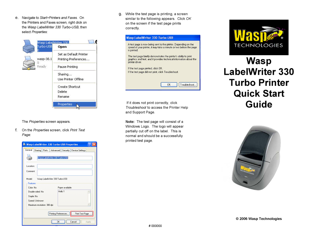 Wasp Bar Code 330 quick start Wasp LabelWriter Turbo Printer Quick Start Guide, Wasp Technologies 