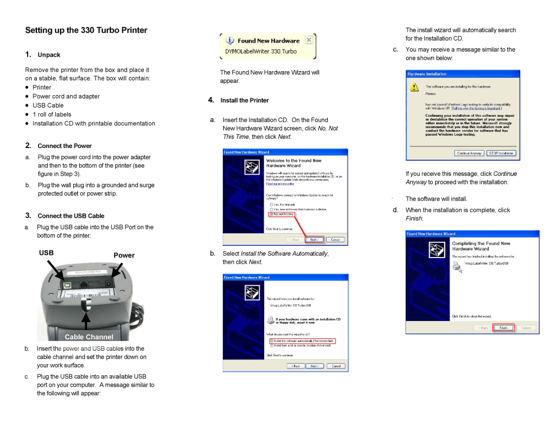 Wasp Bar Code quick start Setting up the 330 Turbo Printer, Cable Channel 