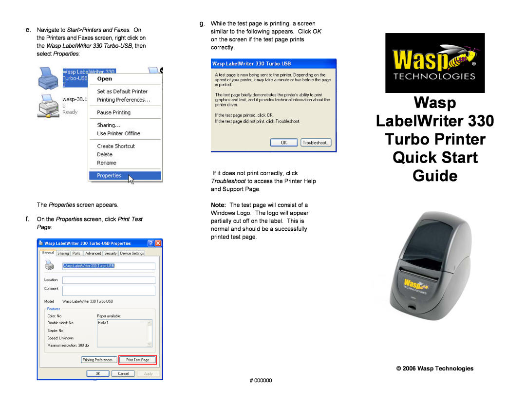 Wasp Bar Code 330 quick start Wasp Technologies, Wasp LabelWriter Turbo Printer Quick Start Guide 