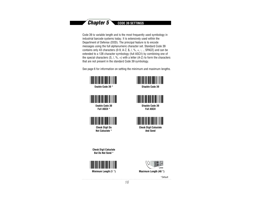 Wasp Bar Code CCD Scanner manual Code 39 Settings 