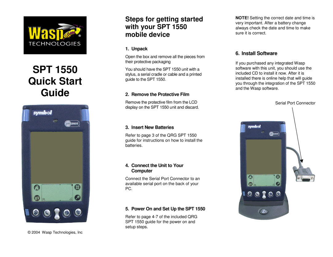 Wasp Bar Code quick start SPT Quick Start Guide, Steps for getting started with your SPT 1550 mobile device 