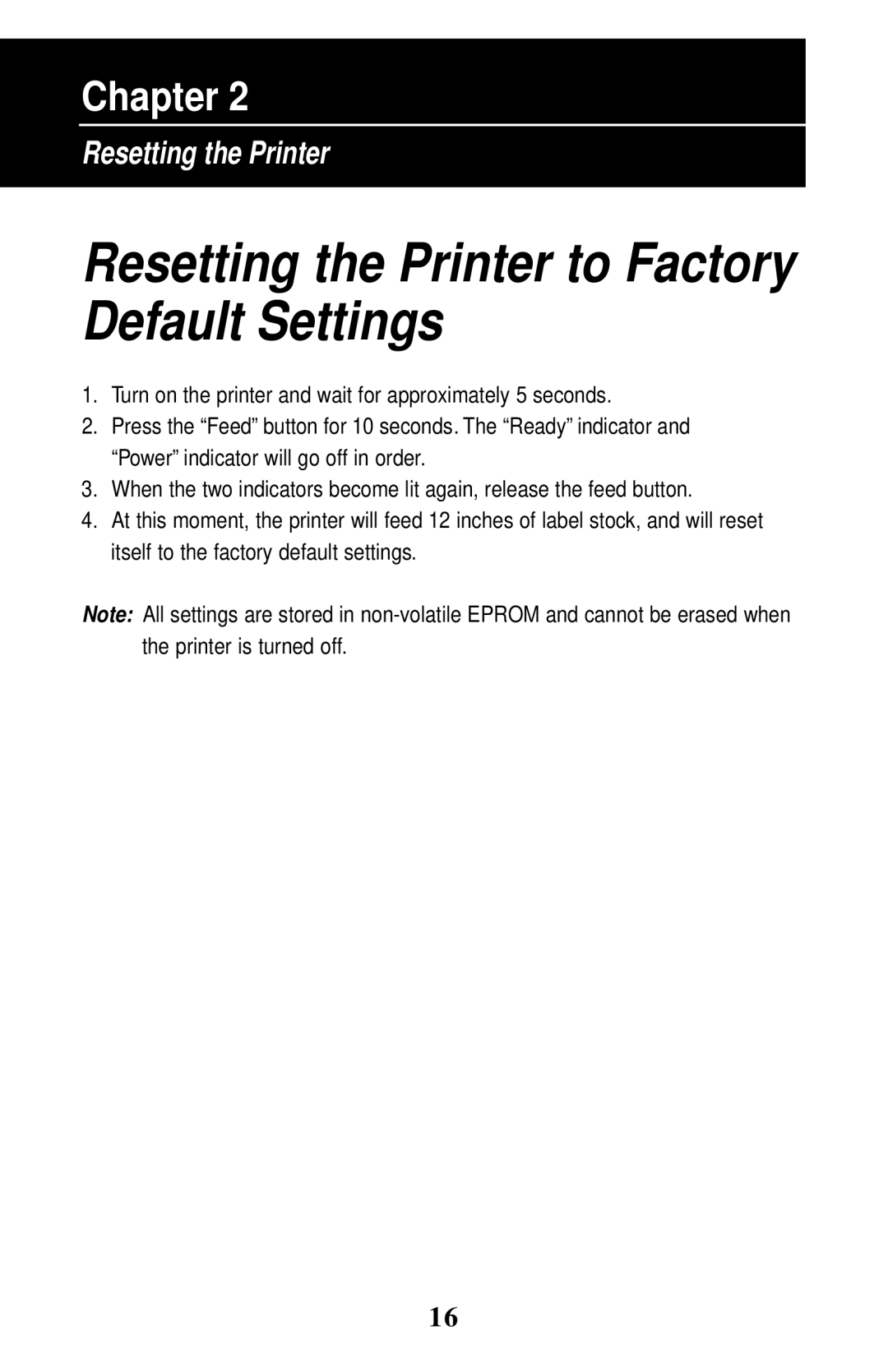 Wasp Bar Code W-300 manual Resetting the Printer to Factory Default Settings 