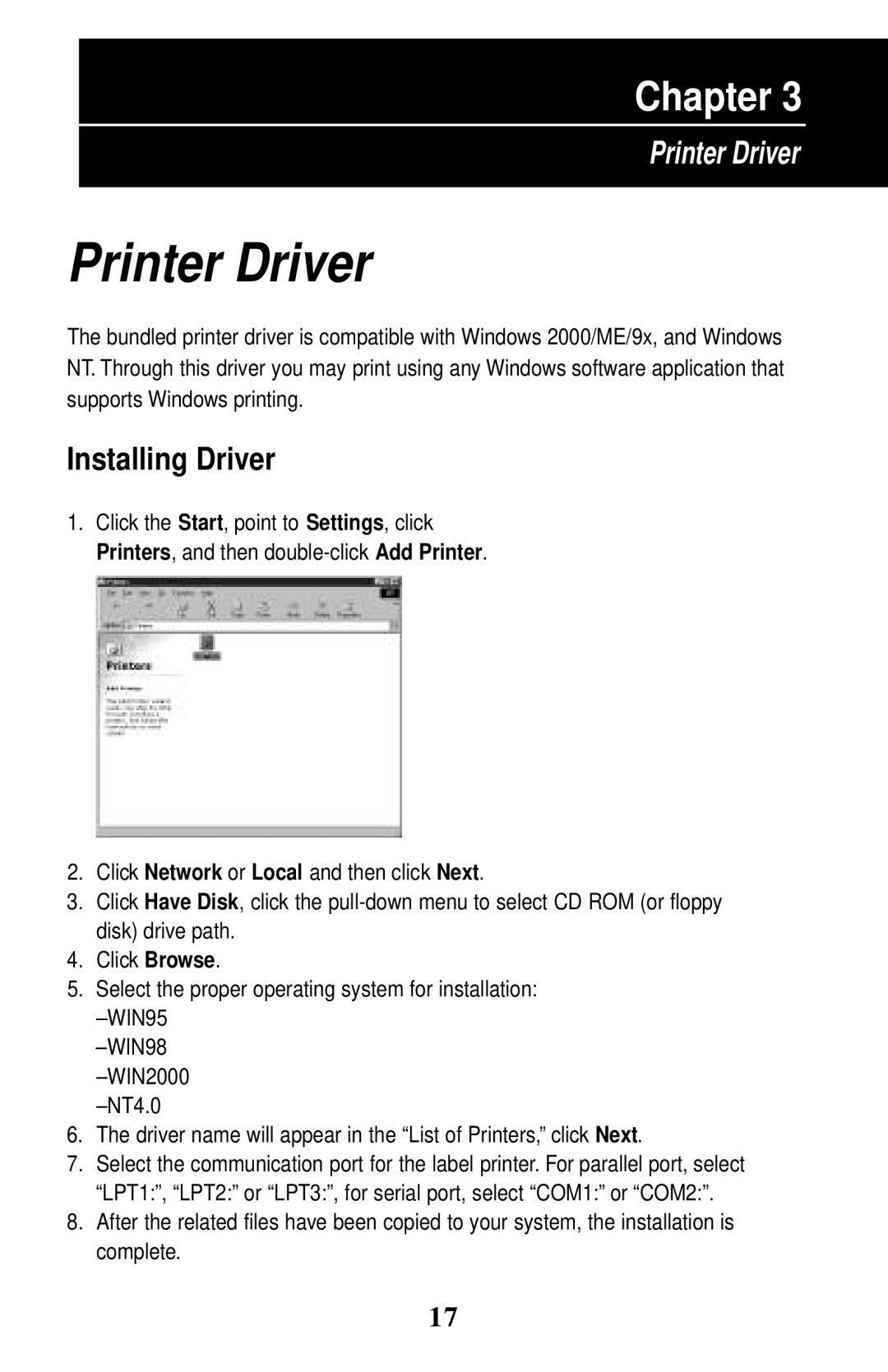 Wasp Bar Code W-300 manual Printer Driver, Installing Driver 