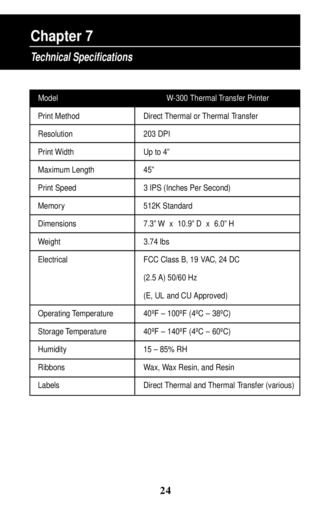 Wasp Bar Code W-300 manual Technical Specifications 