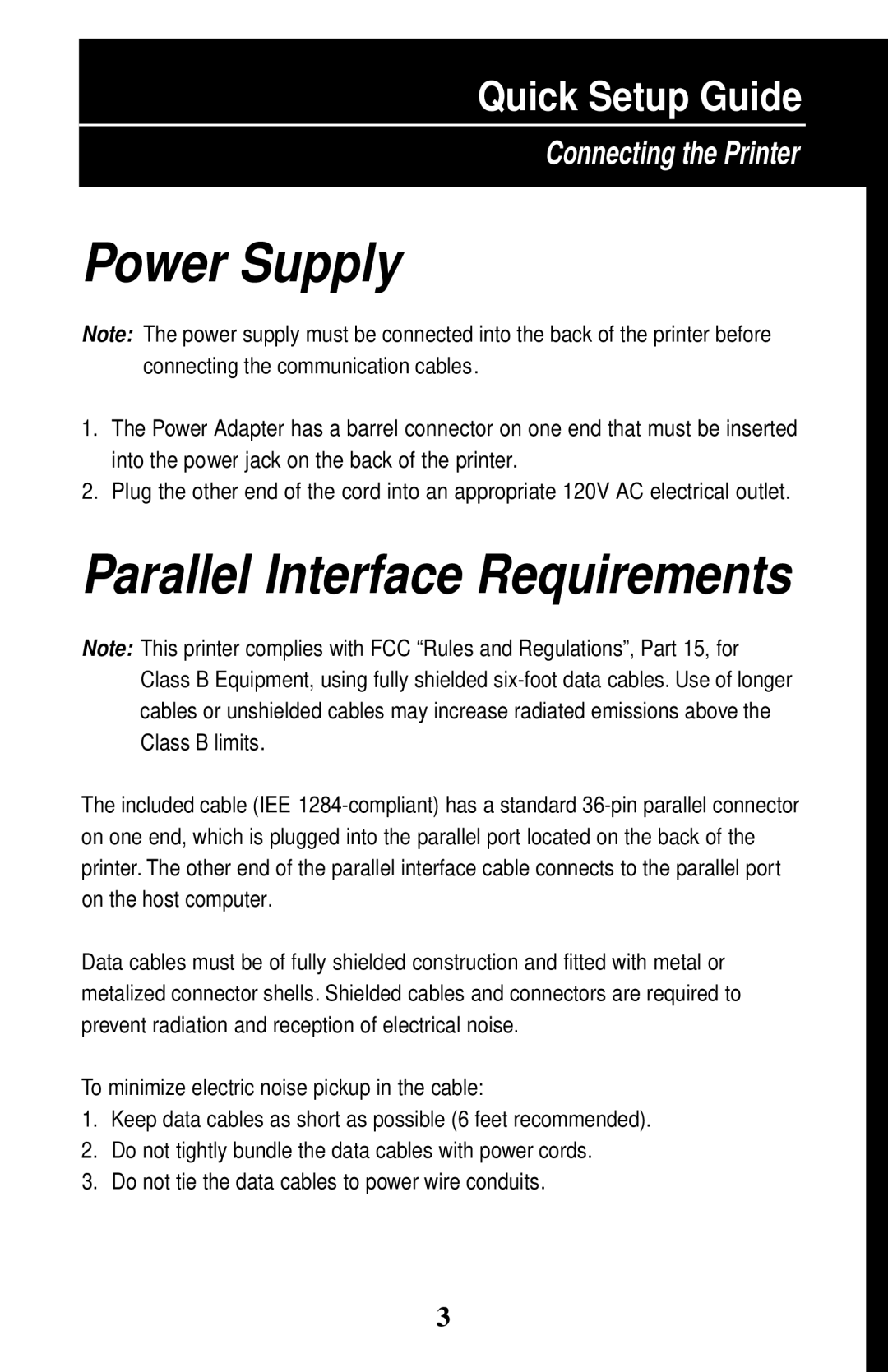 Wasp Bar Code W-300 manual Power Supply, Parallel Interface Requirements 