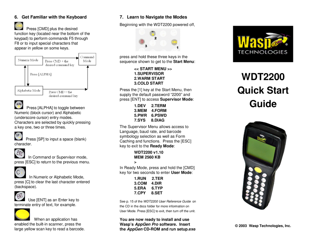 Wasp Bar Code WDT2200 quick start Get Familiar with the Keyboard, Learn to Navigate the Modes 