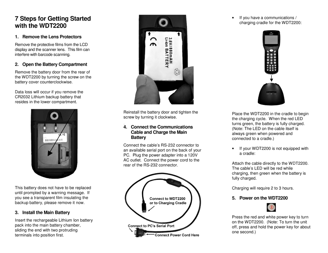 Wasp Bar Code WDT2200 quick start Remove the Lens Protectors, Open the Battery Compartment, Install the Main Battery 