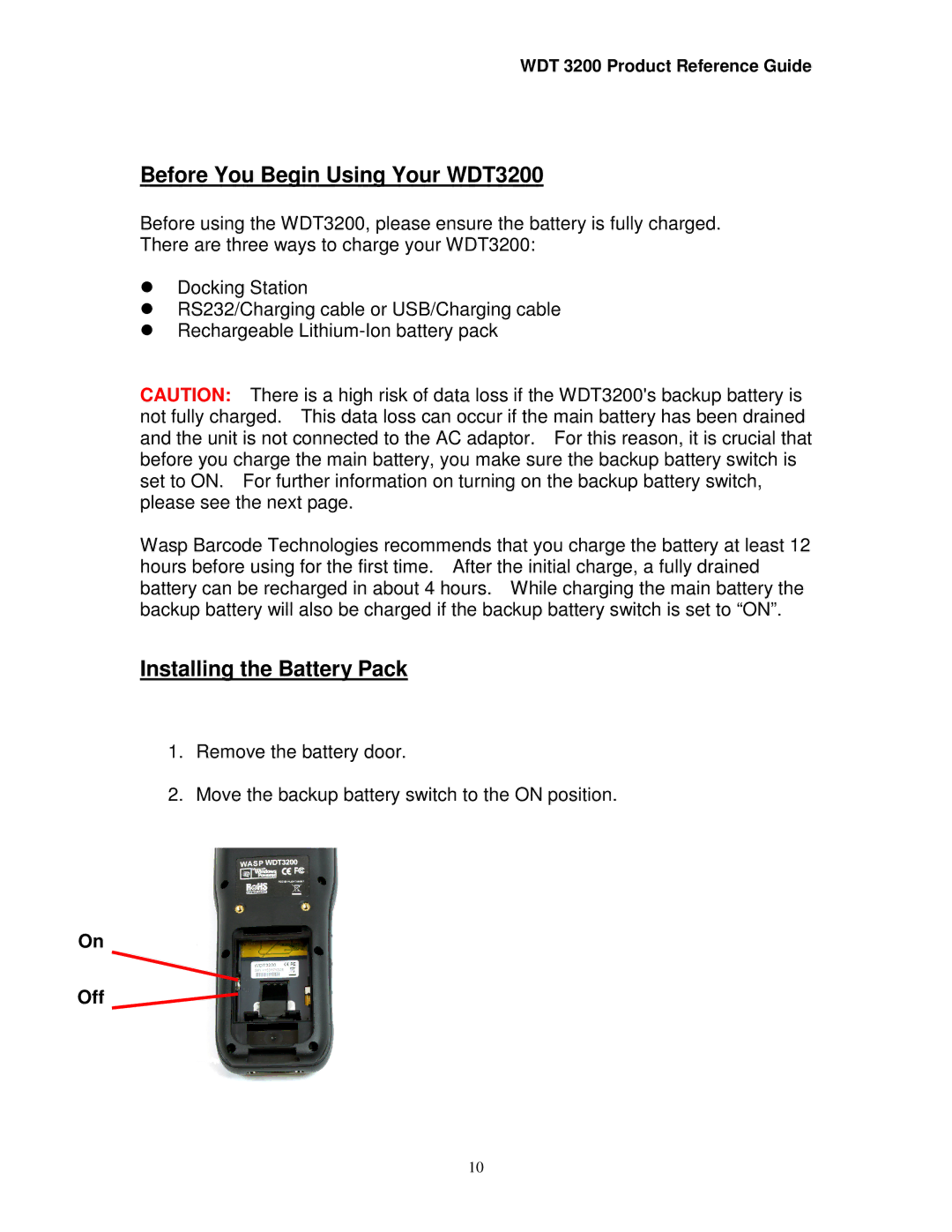 Wasp Bar Code manual Before You Begin Using Your WDT3200, Installing the Battery Pack, Off 