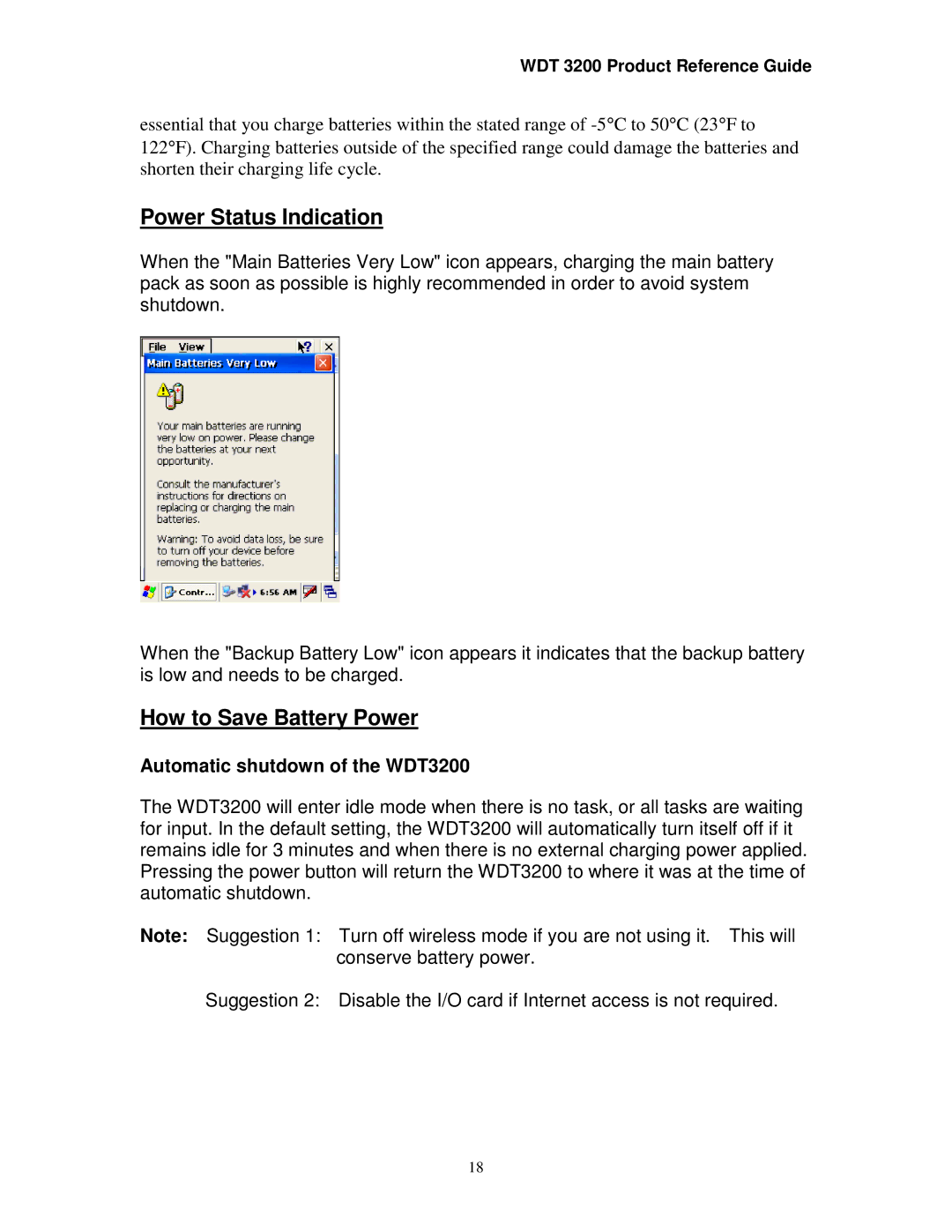 Wasp Bar Code manual Power Status Indication, How to Save Battery Power, Automatic shutdown of the WDT3200 