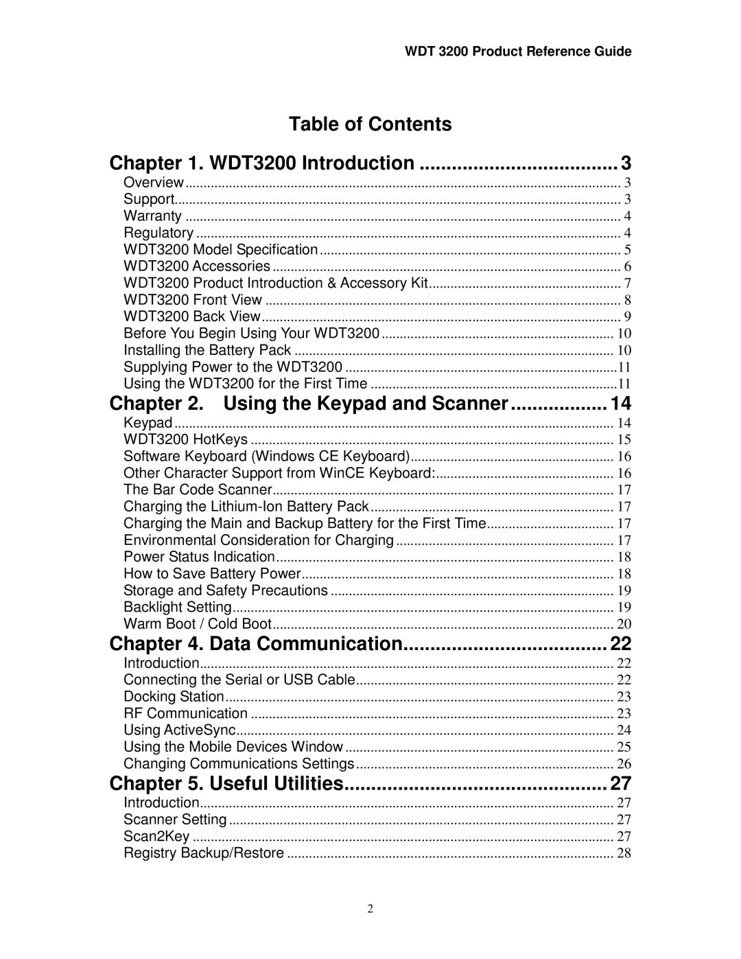 Wasp Bar Code WDT3200 manual Table of Contents 