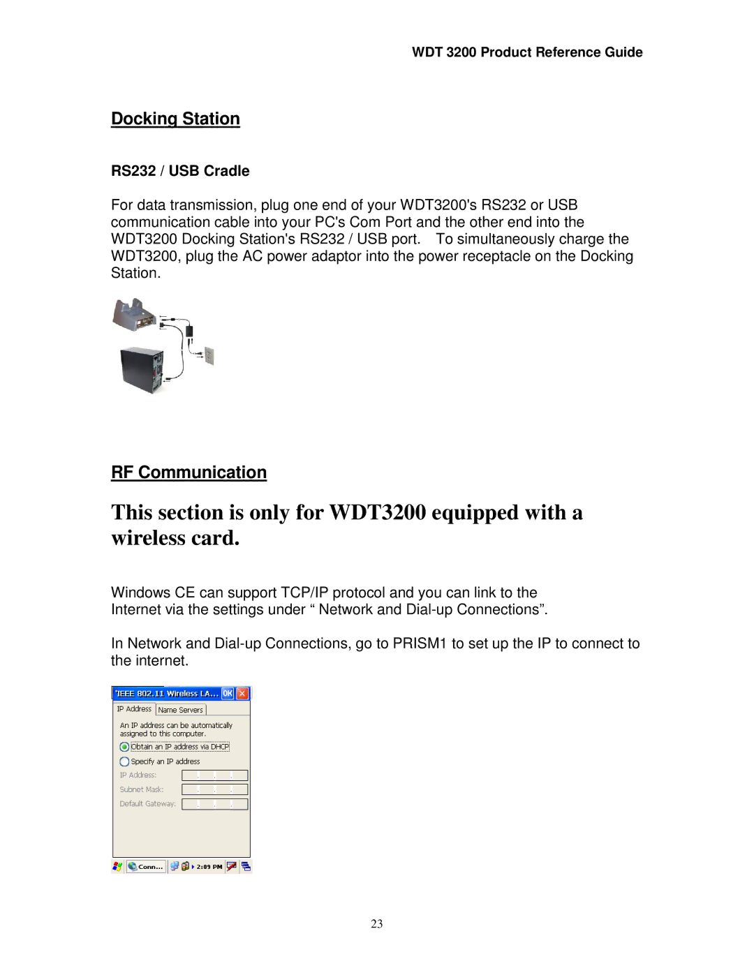 Wasp Bar Code WDT3200 manual Docking Station, RF Communication, RS232 / USB Cradle 