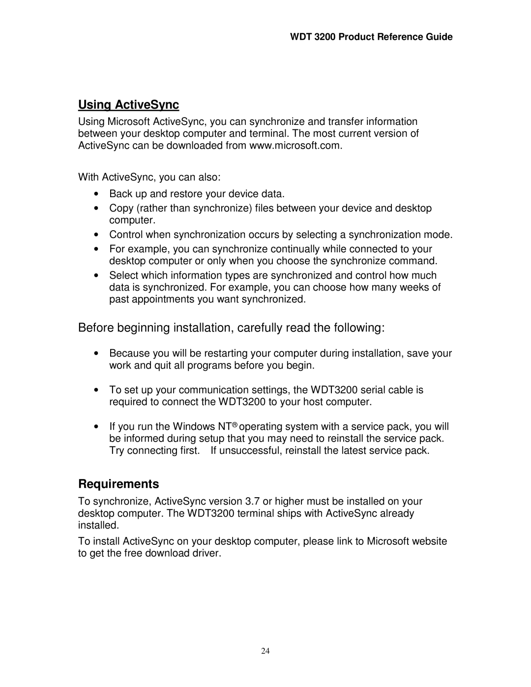 Wasp Bar Code WDT3200 manual Using ActiveSync, Requirements 