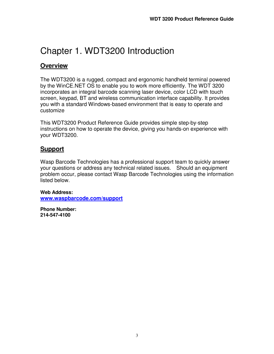 Wasp Bar Code WDT3200 manual Overview, Support 