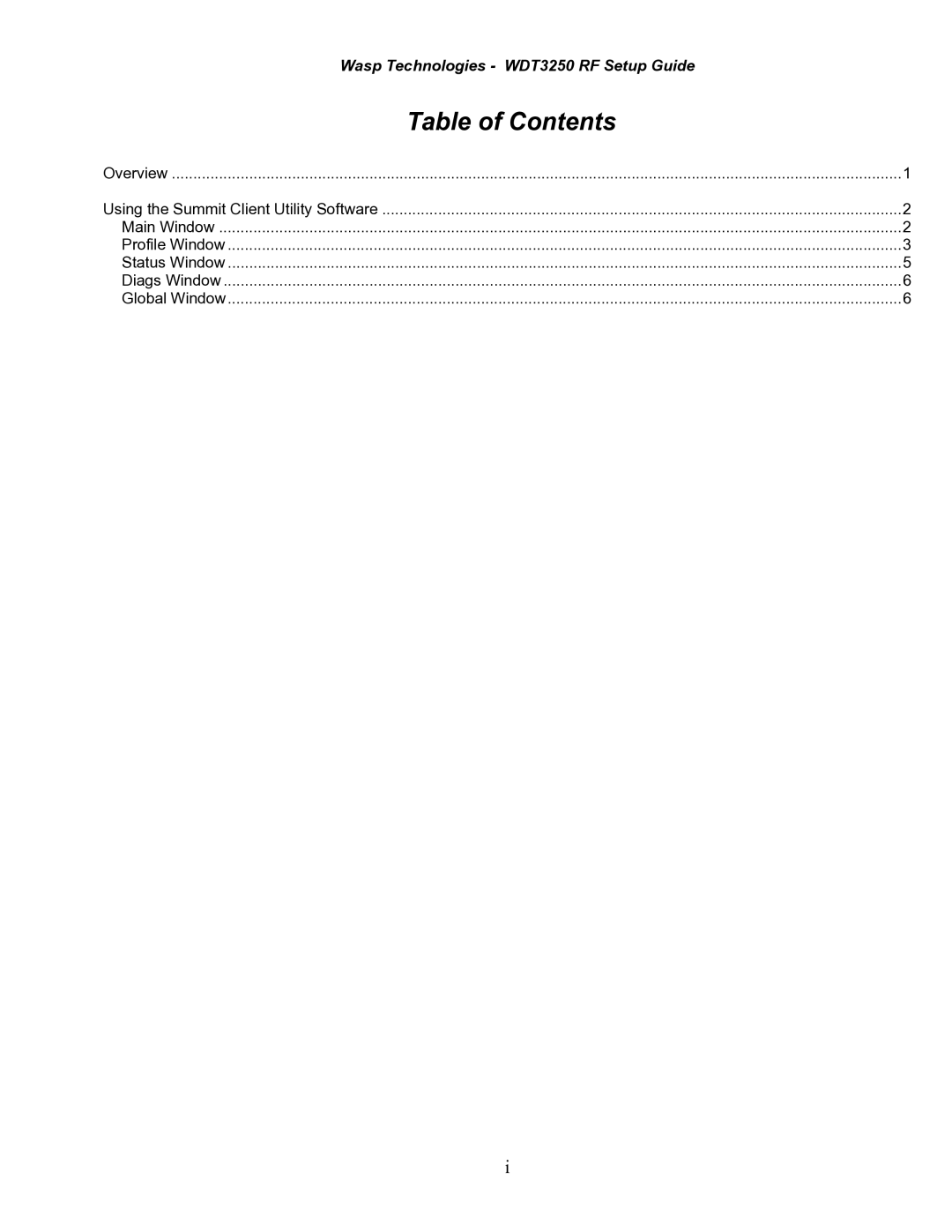 Wasp Bar Code WDT3250 RF setup guide Table of Contents 