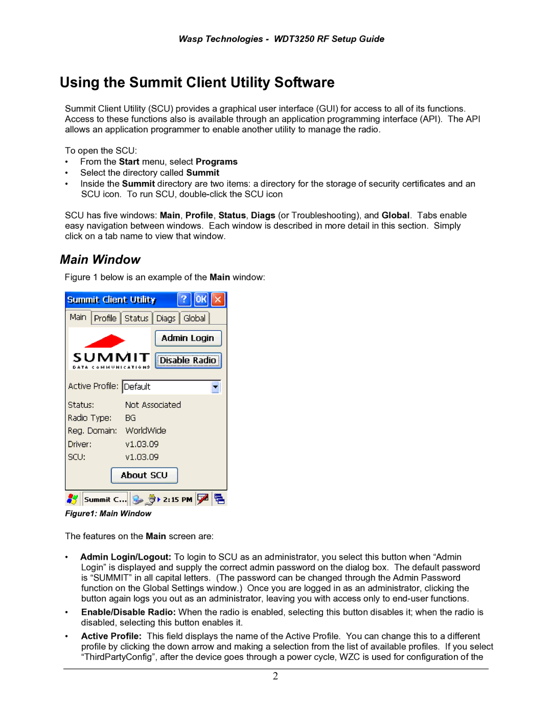 Wasp Bar Code WDT3250 RF setup guide Using the Summit Client Utility Software, Main Window 