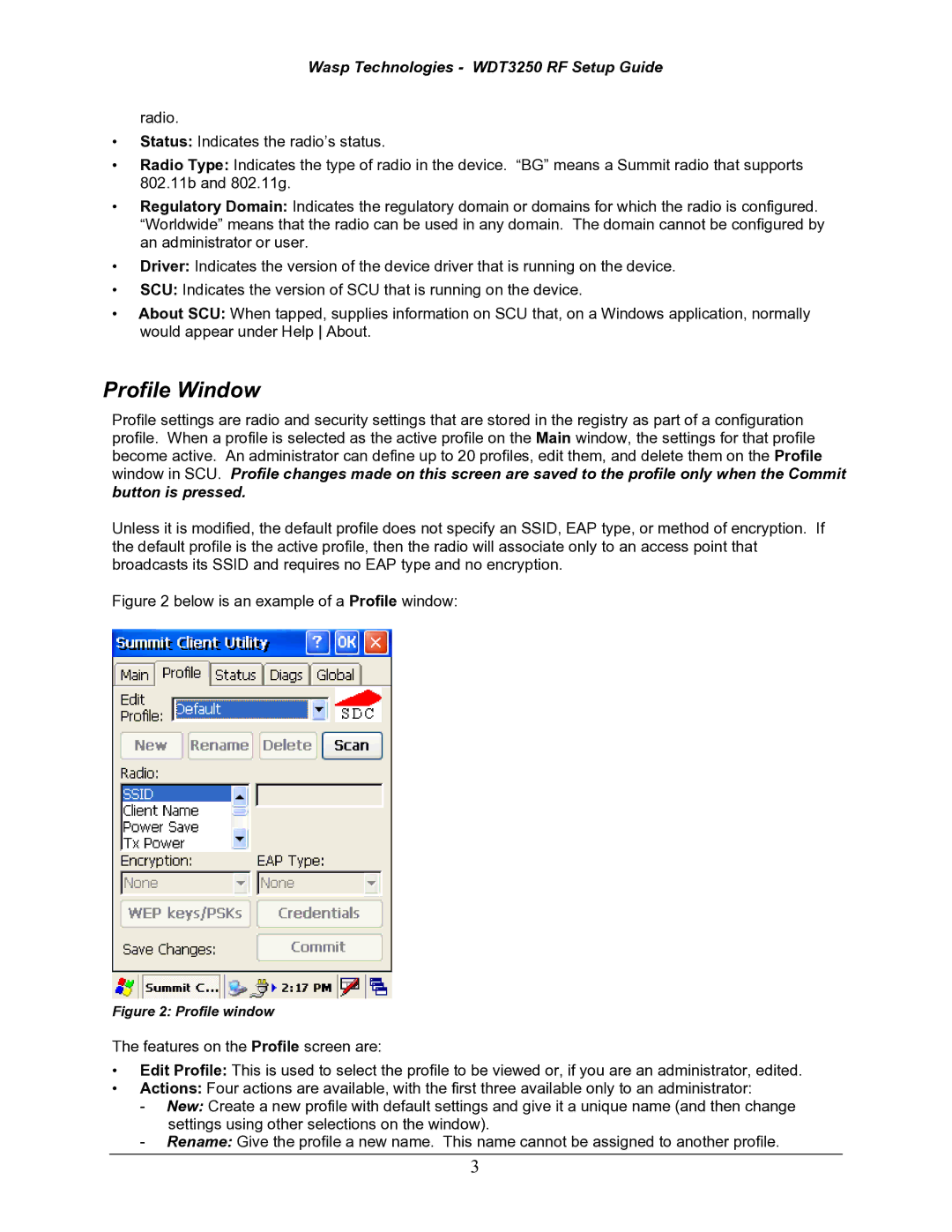 Wasp Bar Code WDT3250 RF setup guide Profile Window, Button is pressed 