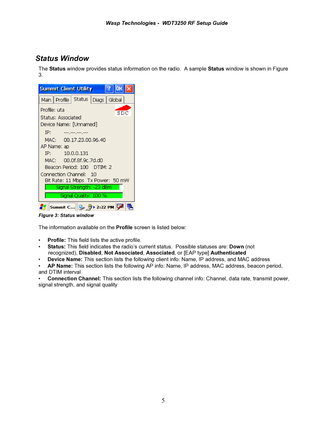 Wasp Bar Code WDT3250 RF setup guide Status Window, Status window 