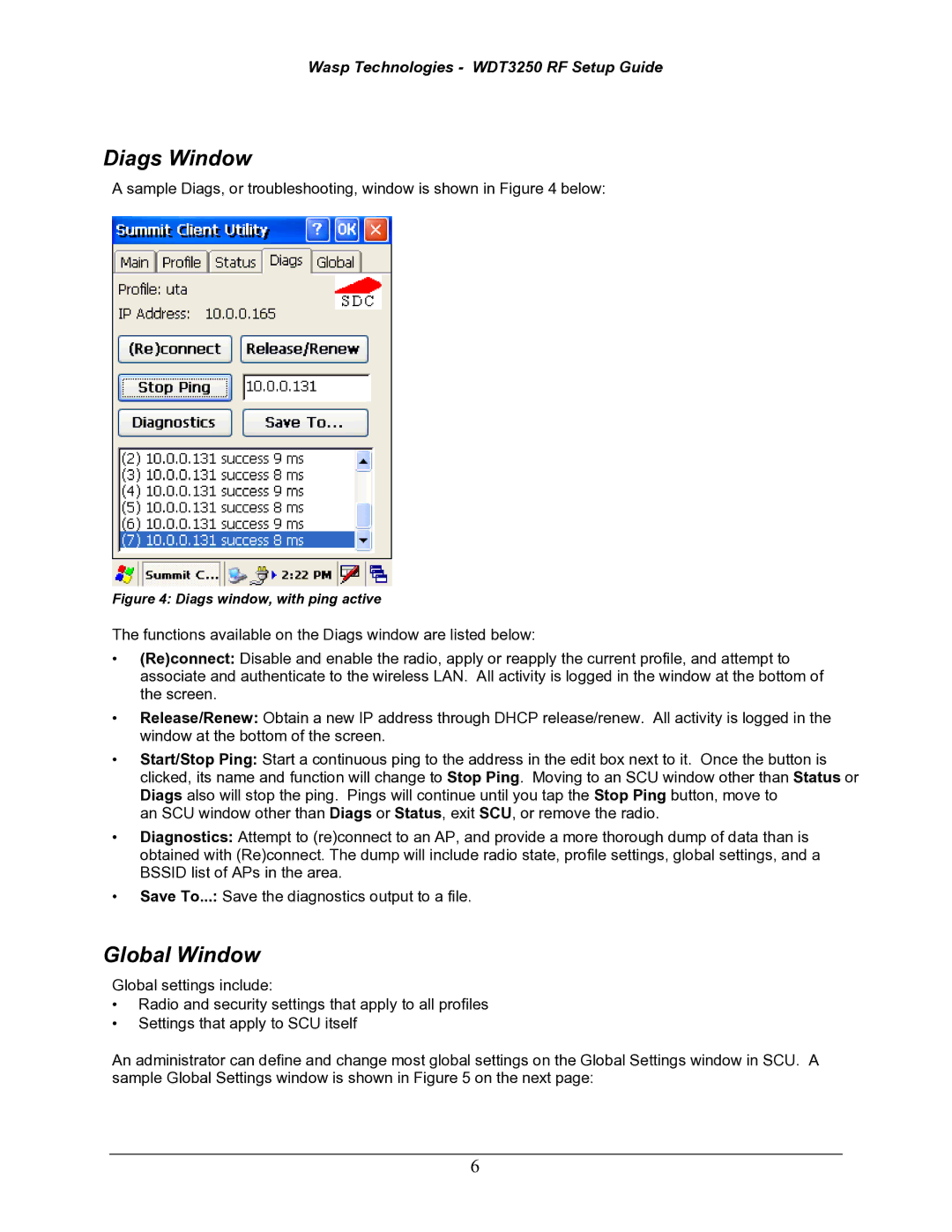 Wasp Bar Code WDT3250 RF setup guide Diags Window, Global Window 