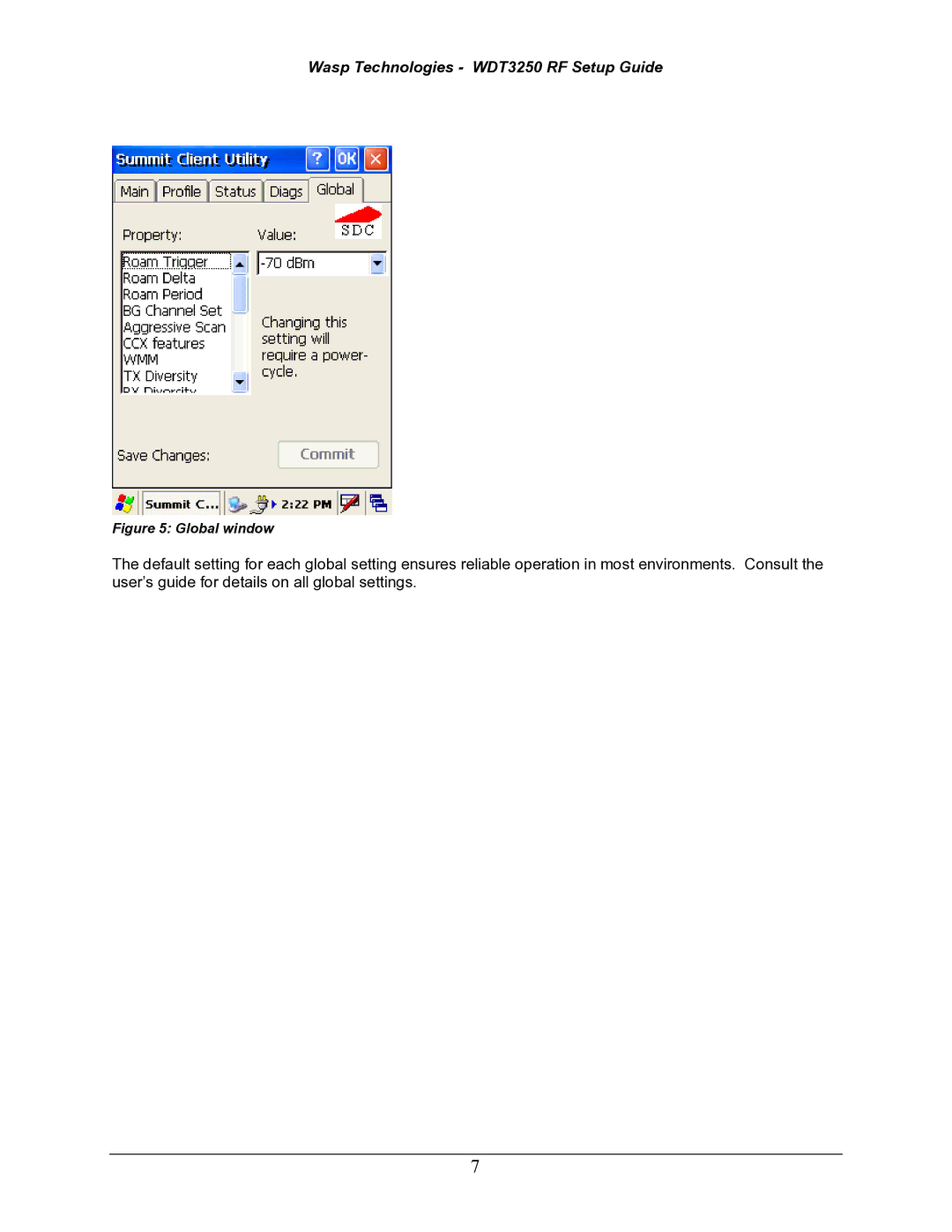 Wasp Bar Code WDT3250 RF setup guide Global window 