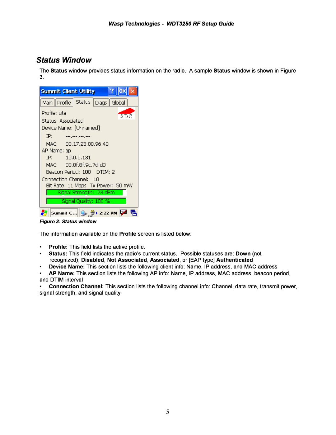 Wasp Bar Code setup guide Status Window, Wasp Technologies - WDT3250 RF Setup Guide 