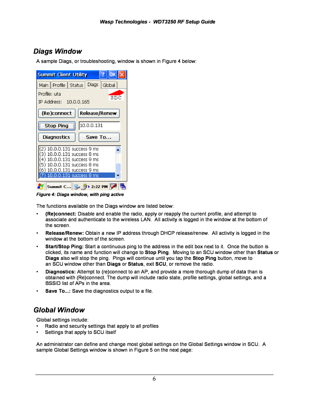Wasp Bar Code setup guide Diags Window, Global Window, Wasp Technologies - WDT3250 RF Setup Guide 