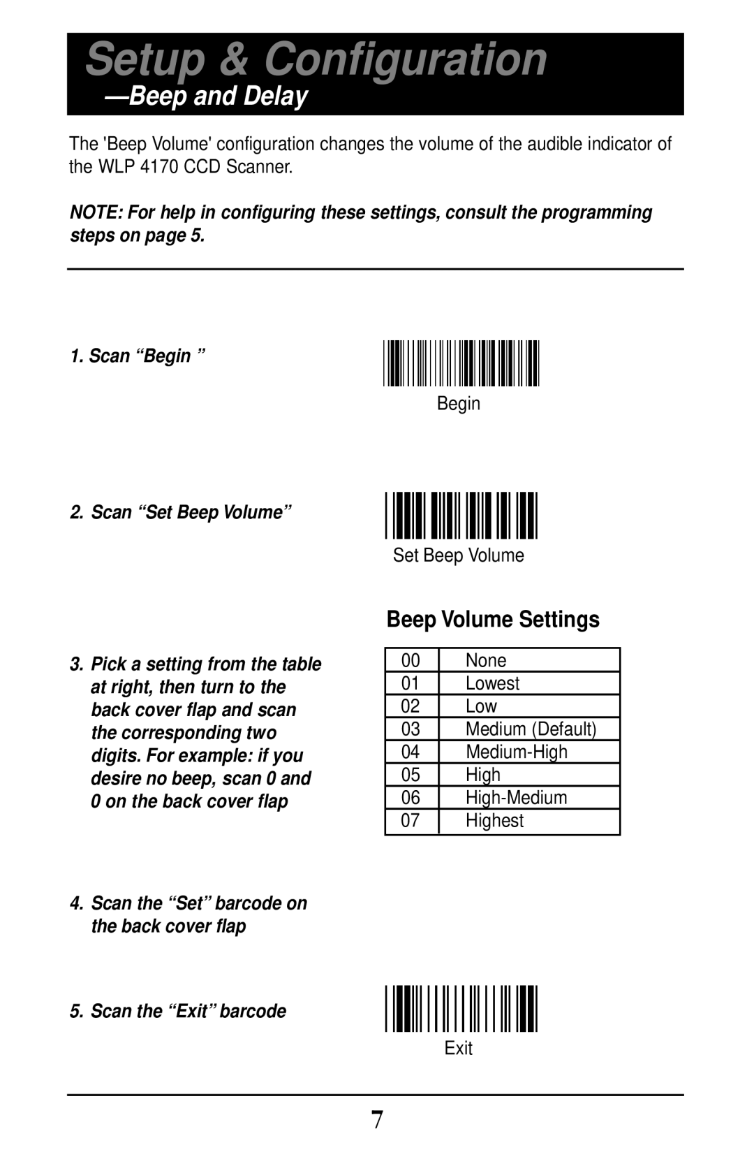 Wasp Bar Code WLP 4170 CCD manual Beep and Delay, Scan Begin Scan Set Beep Volume 