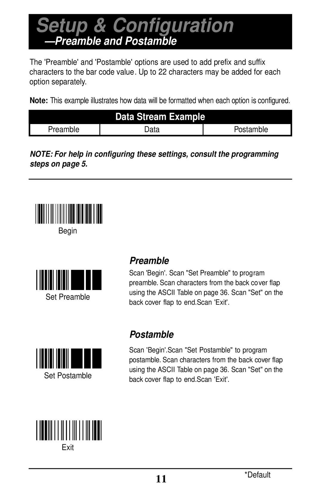 Wasp Bar Code WLP 4170 CCD manual Preamble and Postamble 