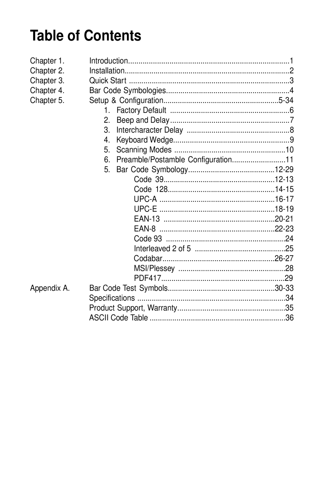 Wasp Bar Code WLP 4170 CCD manual Table of Contents 