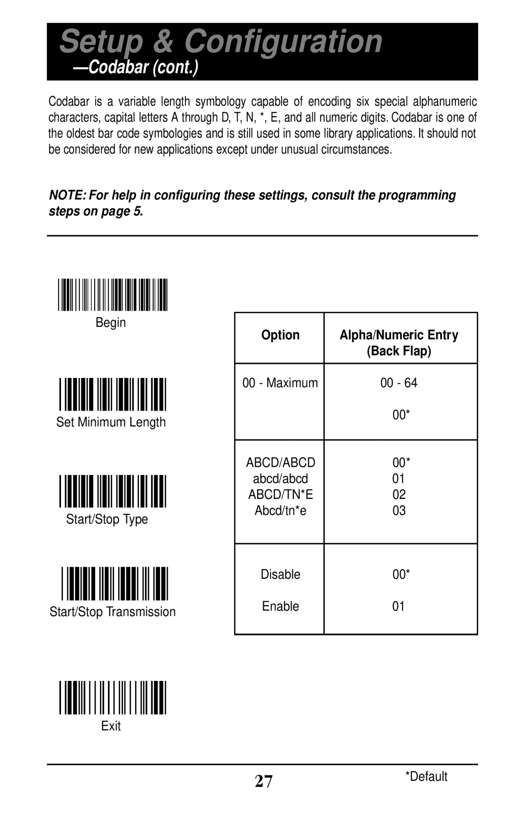 Wasp Bar Code WLP 4170 CCD manual Start/Stop Type 