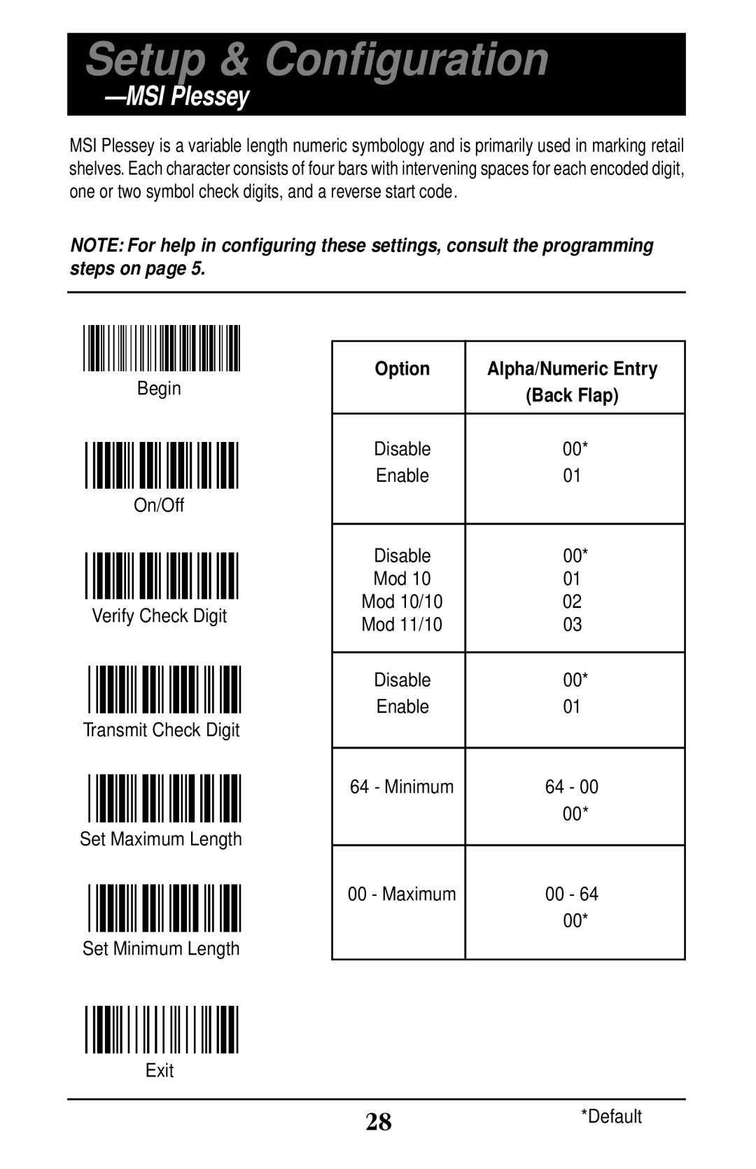 Wasp Bar Code WLP 4170 CCD manual MSI Plessey 