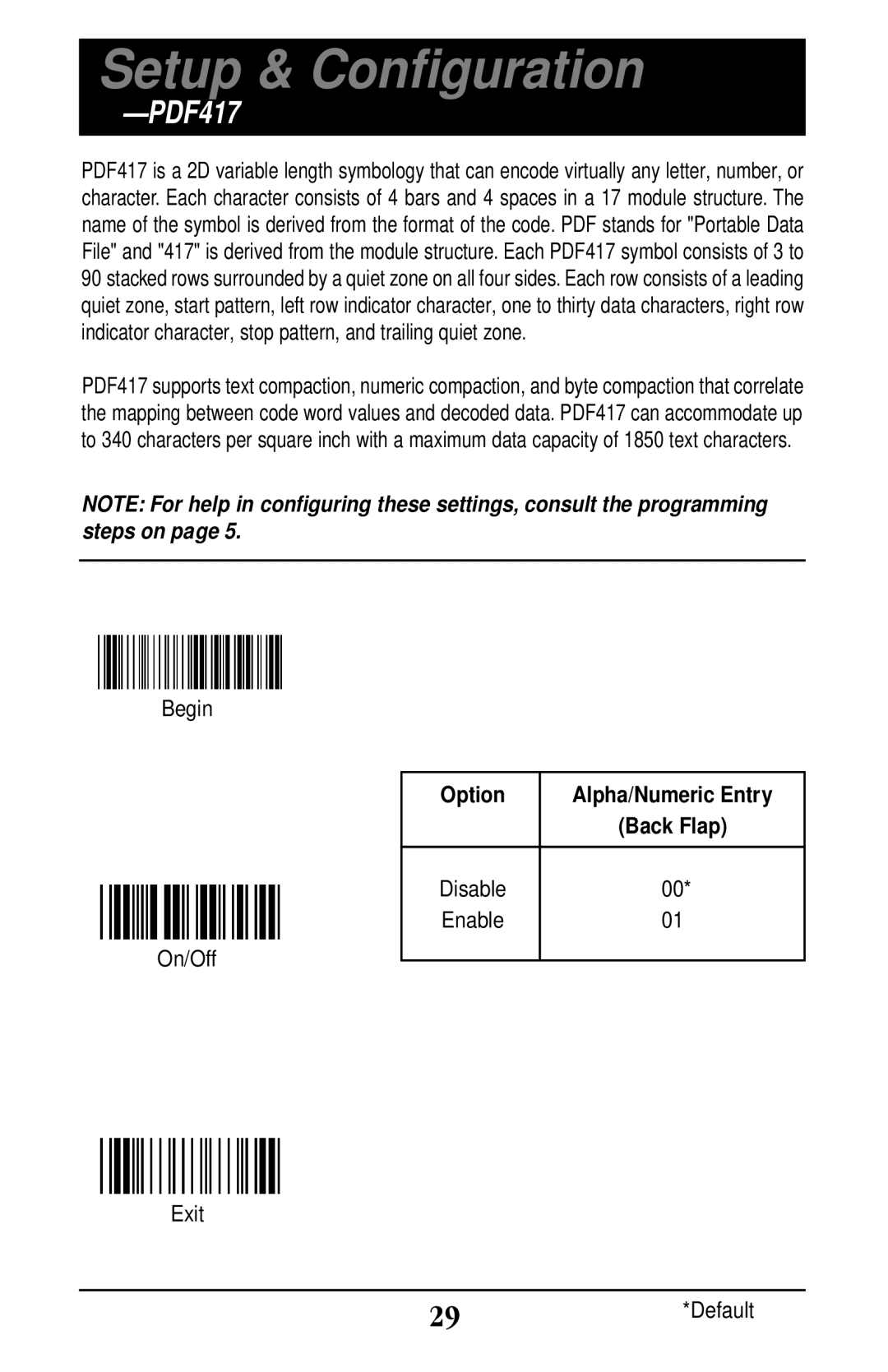 Wasp Bar Code WLP 4170 CCD manual Disable Enable On/Off Exit 29*Default 