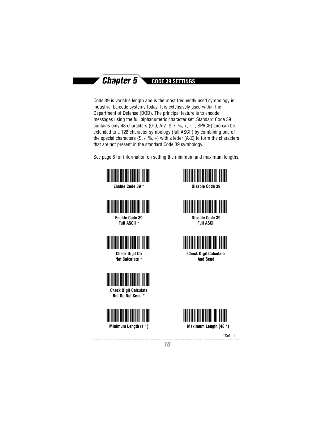 Wasp Bar Code WLR8900 Series manual Code 39 Settings 