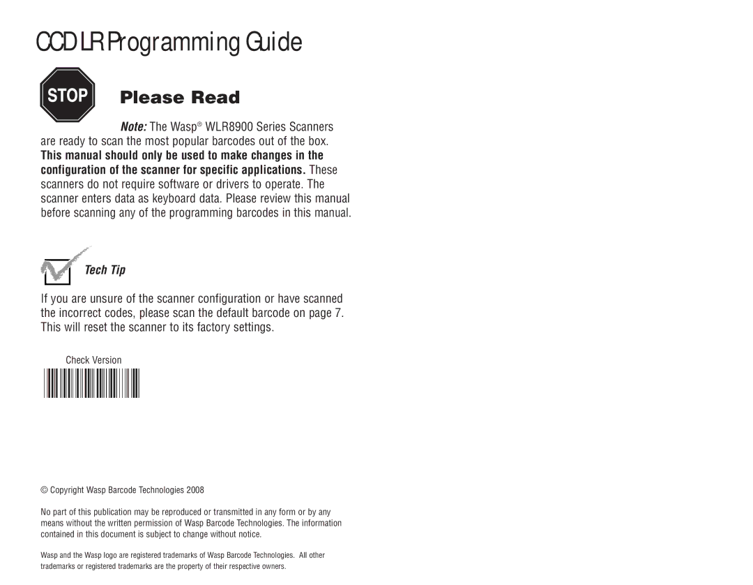 Wasp Bar Code WLR8900 Series manual CCD LR Programming Guide 