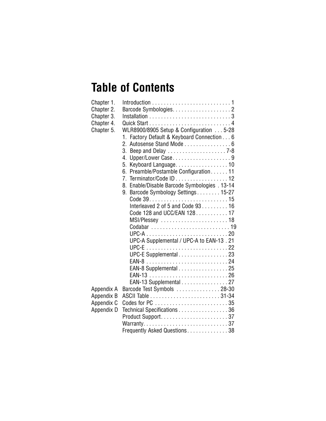 Wasp Bar Code WLR8900 Series manual Table of Contents 