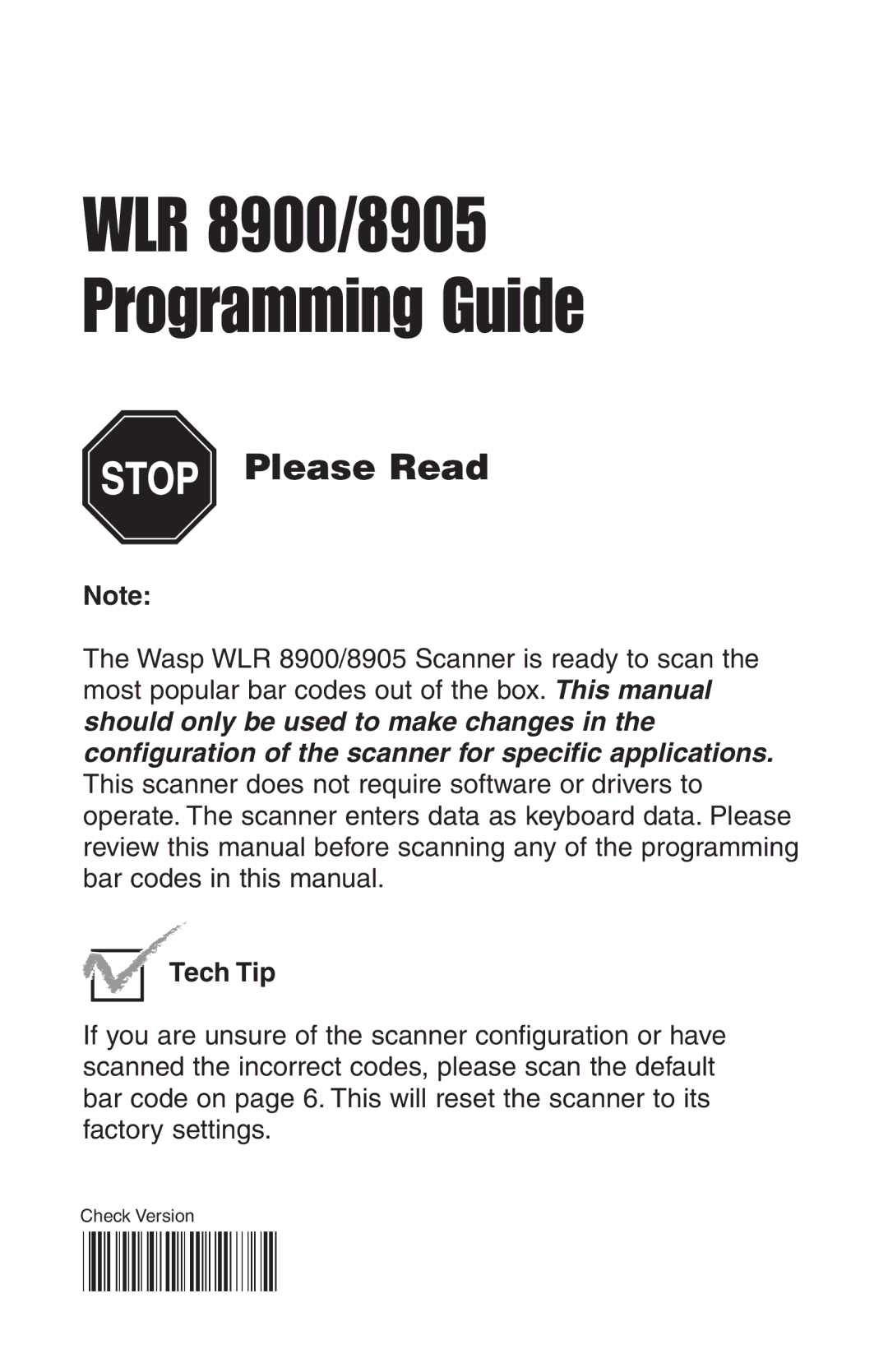 Wasp Bar Code WLR8900 manual WLR 8900/8905 Programming Guide 