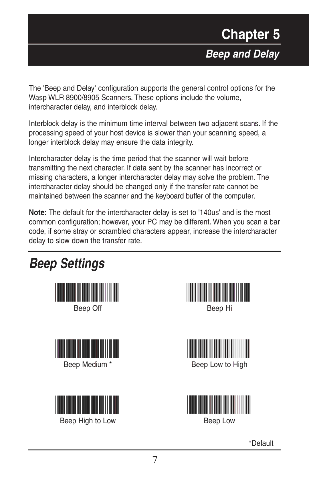 Wasp Bar Code WLR8900 manual Beep Settings, Beep and Delay 