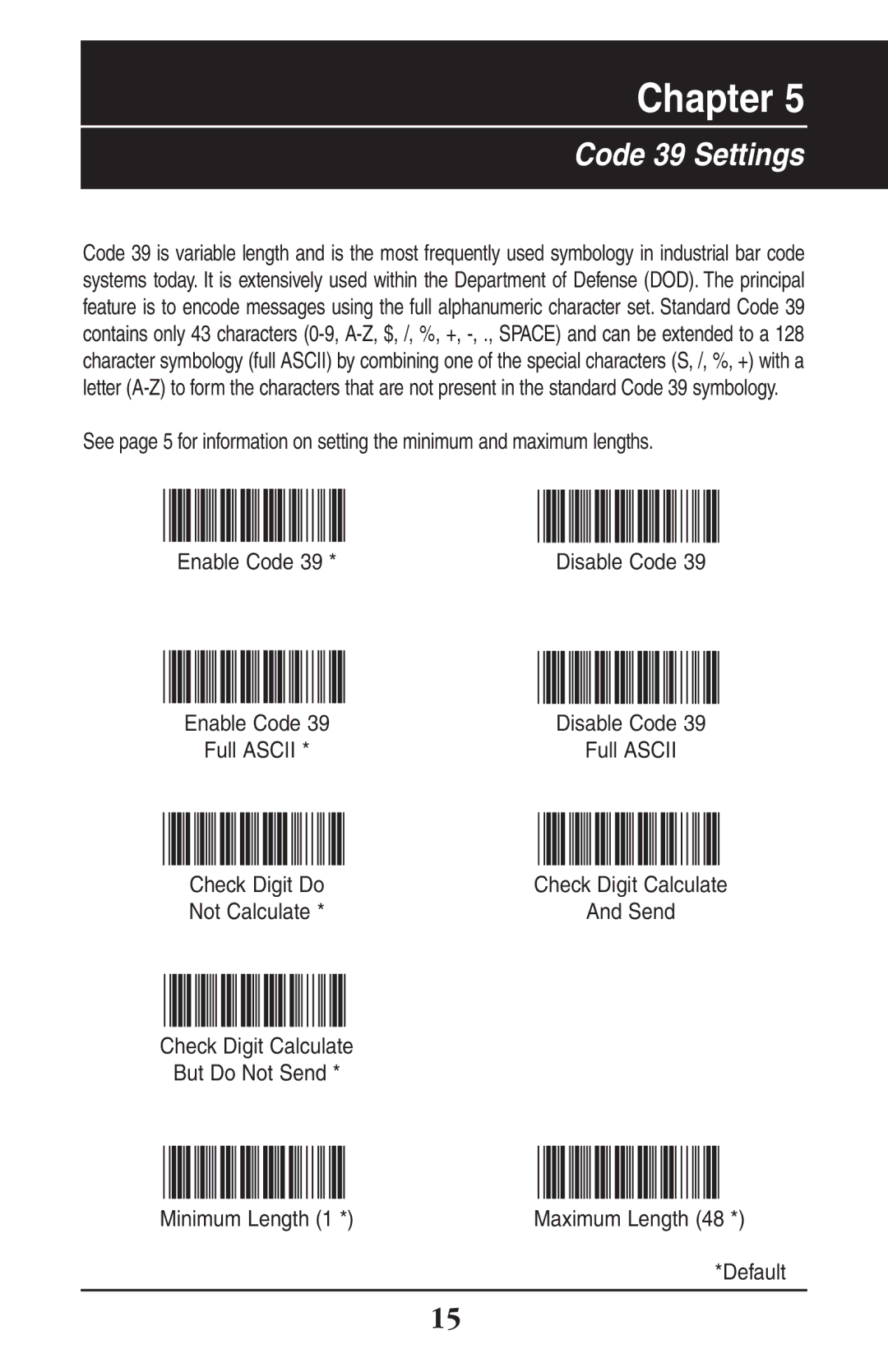 Wasp Bar Code WLR8900 manual Code 39 Settings 